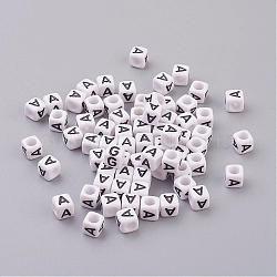 Letter A Cube Acrylic Beads, Horizontal Hole, White, 6mm in diameter, hole: 3.2mm, about 300pcs/50g(X-PL37C9308-A)