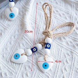 Glass Heart with Evil Eye Pendants Decorations, with Wood Bead and Jute Rope Wall Hanging Ornaments, White, 200x40mm(PW-WG88350-01)