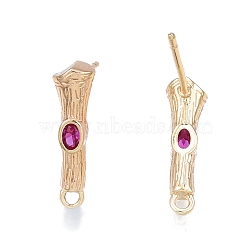 Brass Micro Pave Cubic Zirconia Stud Earring Findings, with Horizontal Loops, Nickel Free, Bamboo Stick, Real 18K Gold Plated, Medium Violet Red, 16x4.5mm, Hole: 1.2mm, Pin: 0.8mm(KK-T062-247G-03)