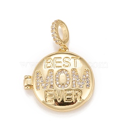 Brass Micro Pave Cubic Zirconia Locket Pendants, Photo Frame Charms for Necklaces, Real 18K Gold Plated, Lead Free & Cadmium Free, Flat Round with Word Best Mom Ever, Clear, 22x22.5x5.5mm, Hole: 5x3.5mm, Inner Diameter: 15mm(KK-A161-45G)