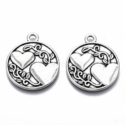 Tibetan Style Alloy Pendants, Lead Free & Cadmium Free, Flat Round with Heart & Word, Antique Silver, 28.5x24x2mm, Hole: 2.5mm, about 280pcs/1000g(TIBE-S314-127AS-RS)