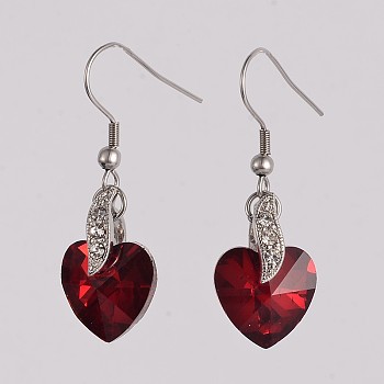 Heart 304 Stainless Steel Glass Dangle Earrings, with Brass Rhinestone Findings, Red, 40mm, Pin: 0.8mm
