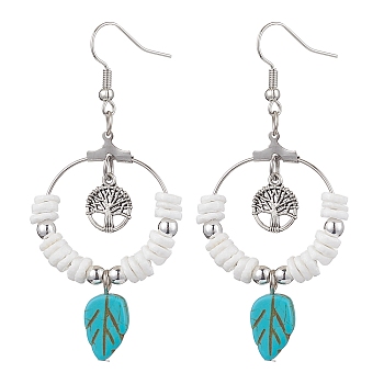 Natural Sea Shell Beads and Synthetical Dyed Turquoise Leaf Pendants Earrings, with Alloy Tree Finding, Antique Silver, 67x31mm