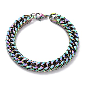 Ion Plating(IP) 304 Stainless Steel Cuban Link Chain Bracelets, with Lobster Claw Clasps, Faceted, Rainbow Color, 8-7/8x3/8 inch(22.5x1cm)