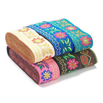 Embroidery Polyester Ribbons, Jacquard Ribbon, Tyrolean Ribbon, Garment Accessories, Floral Pattern, Mixed Color, 2 inch(50mm), about 7m/bundle