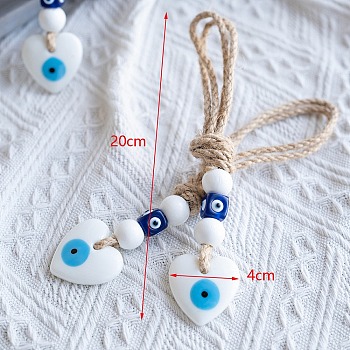 Glass Heart with Evil Eye Pendants Decorations, with Wood Bead and Jute Rope Wall Hanging Ornaments, White, 200x40mm