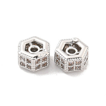 Brass Micro Pave CLear Cubic Zirconia Beads, Hexagon, Platinum, 5x5.5x3mm, Hole: 1mm