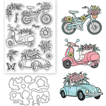 1Pc Carbon Steel Cutting Dies Stencils, with 1 Sheet Custom PVC Clear Stamps, for DIY Scrapbooking, Photo Album, Decorative Embossing Paper Card, Vehicle, Cutting Dies Stencils: 106x146x0.8mm, Stamps: 160x110x3mm