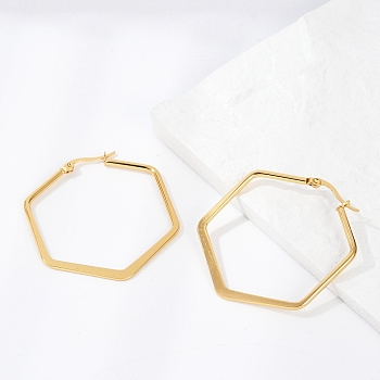 201 Stainless Steel Angular Hoop Earrings, with 304 Stainless Steel Pin, Hexagon, Golden, 45.5x41x2mm, Pin: 0.7x1mm