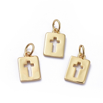 Brass Pendants, Cut-Out, Long-Lasting Plated, with Jump Rings, Rectangle with Cross, Golden, 12.5x8x1mm, Hole: 3.4mm