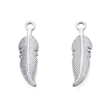 201 Stainless Steel Pendants, Feather, Stainless Steel Color, 27x8x1.5mm, Hole: 2mm