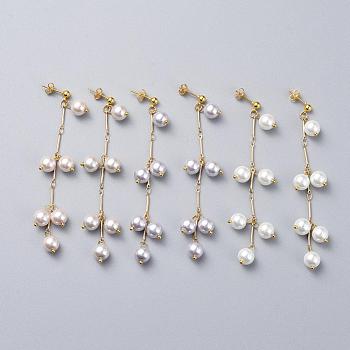 Long Earrings, with Brass Stud Earrings Findings, Round Glass Pearl Beads and Earring Backs/Ear Nuts, Golden, Mixed Color, 88mm, Pin: 0.7mm