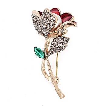 Valentine's Day Rose Flower Zinc Alloy Crystal Rhinestone Brooches, with Enamel, Dark Red, 54.5x28mm