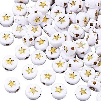 Opaque Acrylic Beads, Flat Round with Star, White, Golden Plated, 7x4mm, Hole: 1.5mm, about 1800pcs/250g