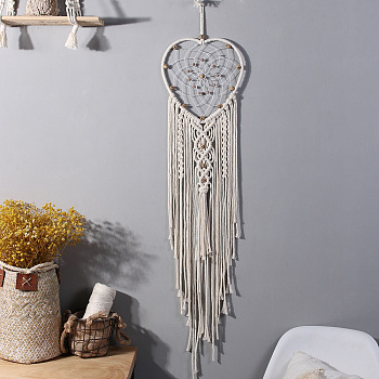 Heart Woven Net/Web Macrame Cotton Wall Hanging Decorations, with Wood Bead, for Garden, Wedding, Lighting Ornament, Floral White, 80x19mm