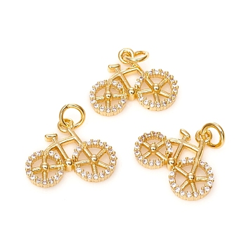 Brass Micro Pave Cubic Zirconia Pendants, with Jump Ring, Long-Lasting Plated, Bicycle, Clear, Golden, 13.5x16.5x2mm, Hole: 3mm