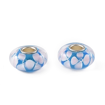Lampwork & Brass Core European Beads, Large Hole Beads, Rondelle with Flower, Light Sky Blue, 15x7.5mm, Hole: 4mm