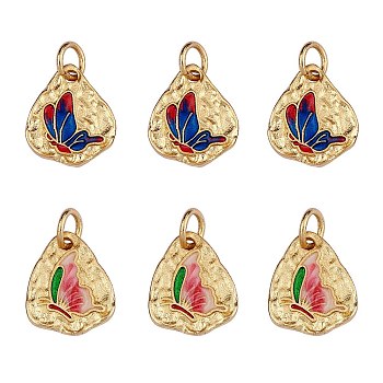 6Pcs 2 Style Rack Plating Brass Enamel Charms, with Jump Rings, Cadmium Free & Lead Free & Nickle Free, Triangle with Butterfly, Real 18K Gold Plated, 13x10.5x1.5mm, Hole: 3.4mm, 3pcs/style