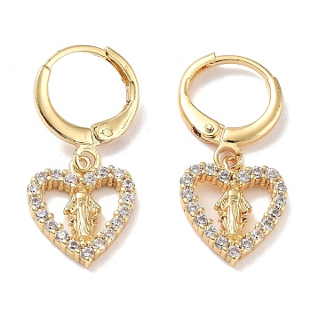 Real 18K Gold Plated Brass Dangle Leverback Earrings, with Cubic Zirconia, Virgin Mary, Heart, 27x12mm