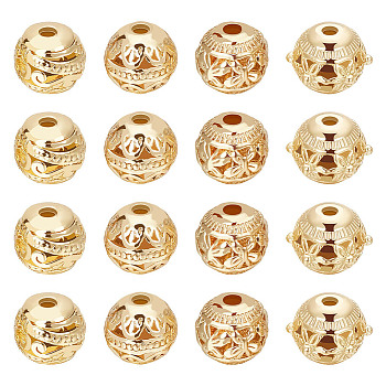 32Pcs 4 Style Alloy Hollow Beads, Round, Cadmium Free & Lead Free, Real 18K Gold Plated, 8~9.5x7~8mm, Hole: 1.5~2mm, 8pcs/style