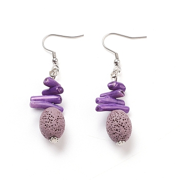 Natural Lava Rock Dangle Earrings, with Synthetic Gemstones, Alloy Spacer Beads and Stainless Steel Earring Hooks, Oval, Medium Purple, 56~58mm, Pin: 0.7mm
