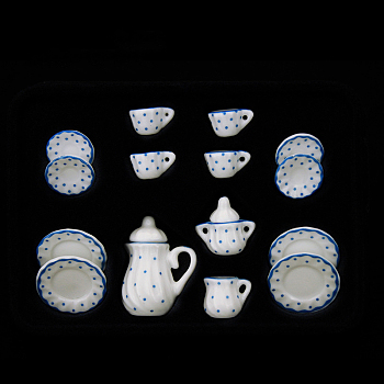 Mini Porcelain Tea Set, including 2Pcs Teapots, 5Pcs Teacups, 8Pcs Dishes, for Dollhouse Accessories, Pretending Prop Decorations, Polka Dot Pattern, 121x86x25mm, 15pcs/set