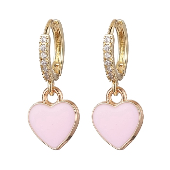 Heart Alloy Enamel Dangle Earrings, Brass Micro Pave Clear Cubic Zirconia Hoop Earring for Women, Golden, 24.5x10mm