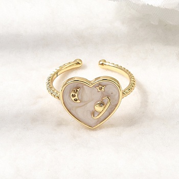 Brass Micro Pave Cubic Zirconia Enamel Cuff Open Rings, Heart, Cadmium Free & Lead Free, Long-Lasting Plated, Rack Plating, Real 18K Gold Plated, US Size 7 1/4(17.5mm)