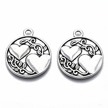 Tibetan Style Alloy Pendants, Lead Free & Cadmium Free, Flat Round with Heart & Word, Antique Silver, 28.5x24x2mm, Hole: 2.5mm, about 280pcs/1000g