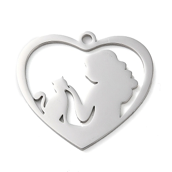 304 Stainless Steel Pendants, Heart with Women and Cat, Stainless Steel Color, 27x30x1.5mm, Hole: 2mm