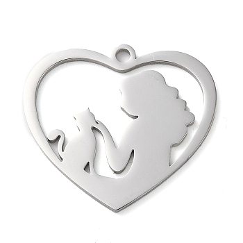 Non-Tarnish 304 Stainless Steel Pendants, Heart with Women and Cat, Stainless Steel Color, 27x30x1.5mm, Hole: 2mm