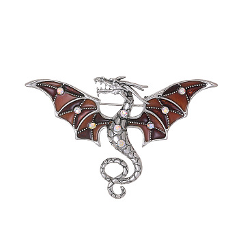 Alloy Crystal AB Rhinestone Dragon Brooch, Pterosaur Enamel Pins for Backpack Clothes, Saddle Brown, Antique Silver, 39.5x61mm