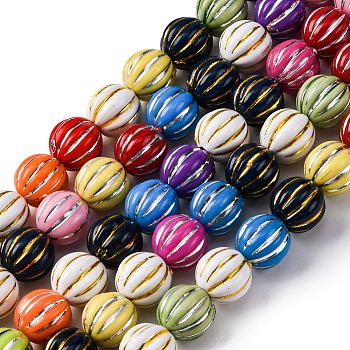 Grooved Resin Beads Strands, Golden Metal Enlaced, Pumpkin, Mixed Color, 10~12mm, Hole: 3mm, about 32pcs/strand, 13.78''(35cm)