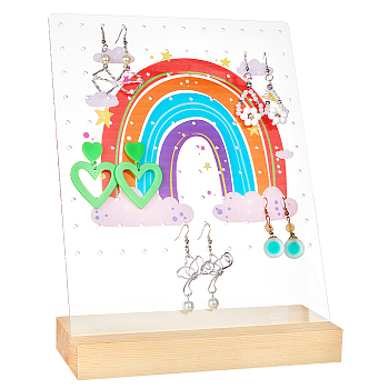 Transparent Acrylic Slant Back Earring Display Stands, with Wooden Base, Rectangle with Rainbow, Orange, Finish Product: 20x8.05x25cm