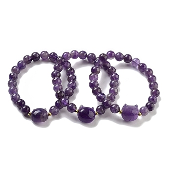 Round & Cat Head Natural Amethyst Beaded Stretch Bracelets for Women, with Synthetic Non-magnetic Hematite, Inner Diameter: 2-1/8 inch(5.5cm)