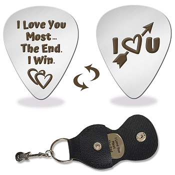 Double-side Laser 201 Stainless Steel Guitar Picks, with Black PU Leather Guitar Picks Holder, Plectrum Guitar Accessories, Word, 35x28mm