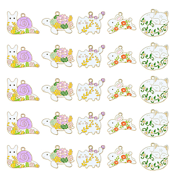 25Pcs 5 Styles Alloy Enamel Pendants, Light Gold, Rabbit/Cat/Fox/Snail/Tortoise with Flower Pattern Charm, White, 20~25x28x1.3mm, Hole: 2mm, 5pcs/style