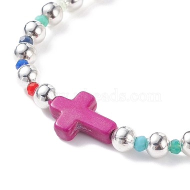 Synthetic Turquoise(Dyed) Cross Stretch Bracelet with Glass for Women(X-BJEW-JB07663)-7