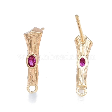 Real 18K Gold Plated Medium Violet Red Bamboo Stick Brass+Cubic Zirconia Stud Earring Findings