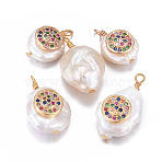 Natural Cultured Freshwater Pearl Pendants, with Brass Micro Pave Cubic Zirconia Findings, Nuggets with Flat Round, Golden, Mixed Color, 17~26x11~16x5~11mm, Hole: 1.6~2mm(PEAR-L027-32A)