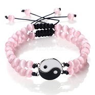 Adjustable Round Pink Cat Eye Beaded Stretch Bracelet Sets, Black and white Yin-yang Tai Chi Link Stackable Bracelets(GW3439-6)