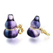 Carved Natural Fluorite Pendants, with Brass Spring Ring Clasps, Gourd/Calabash, Golden, 18~22mm, Pendant: 18.5~22x12~14.5x11mm(X-G-J387-81)