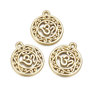 Alloy Pendants, Matte Style, Flat Round with Om Symbol, Cadmium Free & Lead Free, Real 14K Gold Plated, 22.5x19x2.5mm, Hole: 2mm(PALLOY-Q357-13MG-RS)