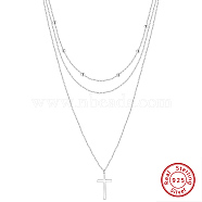 925 Sterling Silver 3 Layer Necklaces, Real Platinum Plated, 14.09 inch(35.8cm)(NJEW-L116-06P)
