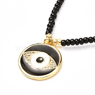 Flat Round Evil Eye Brass Micro Pave Cubic Zirconia Pendant Necklace, Glass Seed Beads Necklace, Golden, Black, 16.93 inch(43cm)(NJEW-JN03692-01)