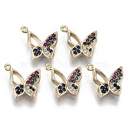 Brass Micro Pave Cubic Zirconia Charms, Nickel Free, Real 18k Gold Plated, Butterfly, Colorful, 12x13x3mm, Hole: 1mm(KK-R112-048-NF)