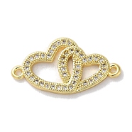 Rack Plating Brass Micro Pave Clear Cubic Zirconia Connector Charms, Double Heart Links, Long-Lasting Plated, Lead Free & Cadmium Free, Real 18K Gold Plated, 12x23x2mm, Hole: 1.2mm(KK-Z039-36G)