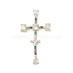 Real 18K Gold Plated Brass Micro Pave Random Color Cubic Zirconia Pendants, with Glass, Cross, Colorful, 46x25x8.5mm, Hole: 2.7x6.3mm(KK-A209-09G-01)