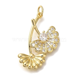Rack Plating Brass Micro Pave Cubic Zirconia Pendants, Cadmium Free & Lead Free, Long-Lasting Plated, Leaf, Real 18K Gold Plated, 15x27x3mm, Hole: 3mm(KK-I720-23G)