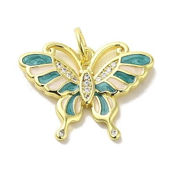 Brass Enamel Micro Pave Cubic Zirconia Pendants, Real 18K Gold Plated Butterfly Charms, with Jump Ring, Cadet Blue, 18x23.5x2.5mm, Hole: 4.2mm(KK-Z042-11G-03)
